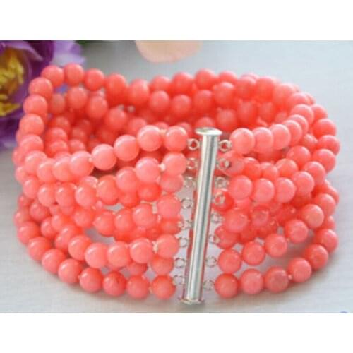 Real 8row 7.5" 6MM round pink coral bead bracelet