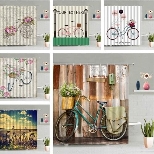 Vintage Home Bicycle Shower Curtain Retro Wood Board Flower Plant Scenery Wall Hanging Curtains Bathroom Waterproof Screen Decor