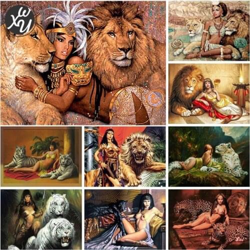 WEIWEI Diamond Painting Beauty with Fiercely Beast Full Drill Cross Stitch Kits Mosaic Picture Rhinestone Embroidery Home Decor