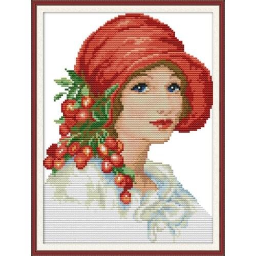 Woman Wearing Red Hat Painting Counted Cross Stitch Kit Needlework DMC 11&14CT DIY Handmade Embroidery Kit Home Decor & Gift