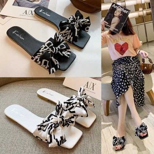 Summer Women Bow Slipper Outdoor Pu Leather Flip-flops Fashion Flat Beach Slippers Casual Square Head Party Sandals