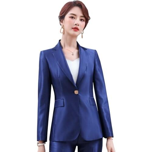 Lenshin 2 Piece Set Simple Formal Pant Suit Blazer with Pockets Office Lady Designs Women Single Button Jacket and Pant