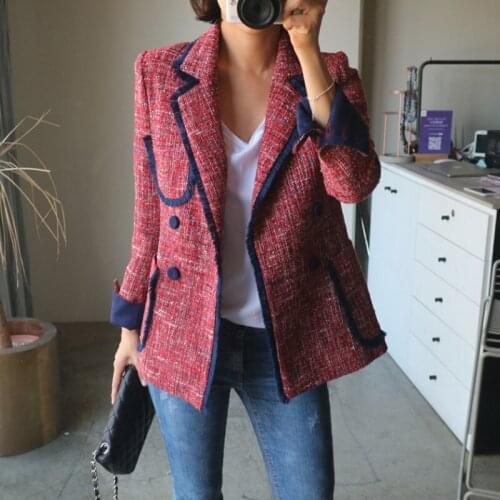 Spring Autumn Vintage Plaid Tweed Suits Jacket Women New Korean Fashion Long Sleeve Slim Double Breasted Blazer Ladies Tide H353