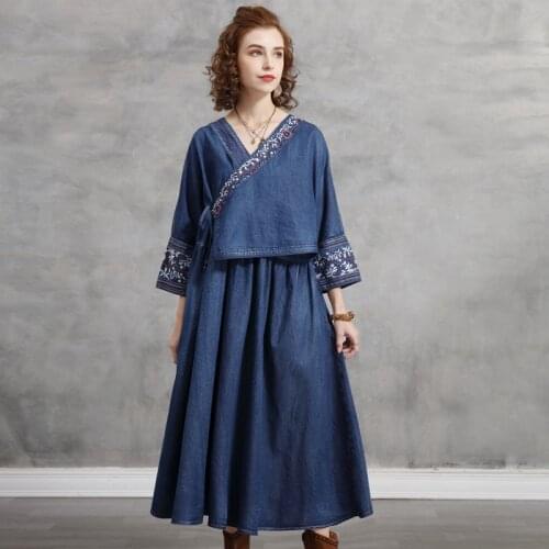 Johnature Women Embroidered Denim Dress V-neck Half Sleeve Belt Vintage Clothing 2021 Autumn New Loose Solid Color Dress