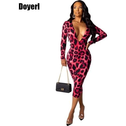 Long Sleeve Sexy Leopard Dress Women Autumn Deep V Neck Party Elegant Dress Winter Bandage Elastic Pencil Midi Bodycon Dress