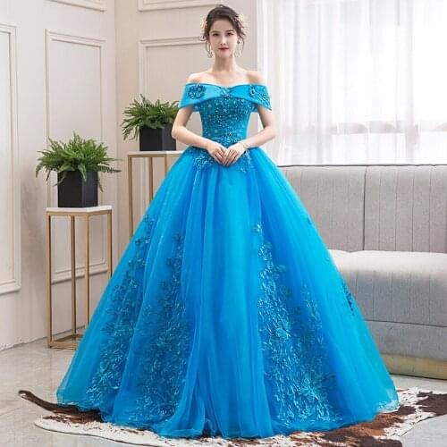 2020 New Off The Shoulder Luxury Lace Party Vestidos 15 Anos Vintage Quinceanera Dresses Lake blue Color Quinceanera Gown