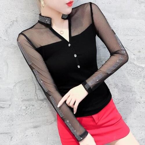 Women 2021 Spring Autumn Mesh Patchwork Blouse Female V-Neck Long Sleeve Tops Elegant Ladies Casual Fashion Blouses Shirts A428