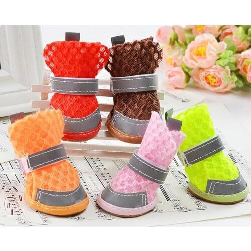 4pcs Pet Dog Shoes Summer Puppy Breathable Mesh Sandals Soft Bottom Anti-slip Sandals for Puppy Chihuahua Botas Red/pink/blue