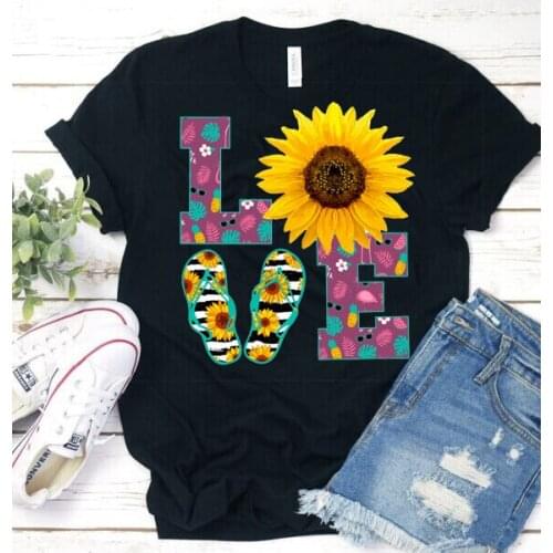 Women Short Sleeve Summer Tee Shirt Femme Casual Loose Graphic Tops Aesthetic Ladies Clothes Sun Flower Love Print Funny Tshirt