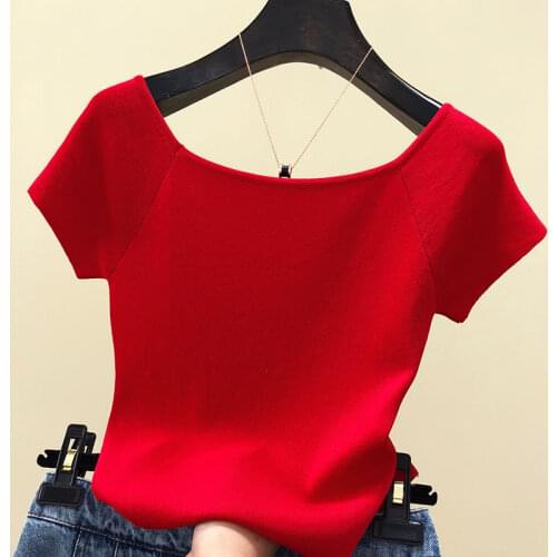 Summer Basic Woman Tshirts Black Korean Tops Women Off shoulder T Shirt Knitted Short Sleeve Female Clothes Fashion White Red