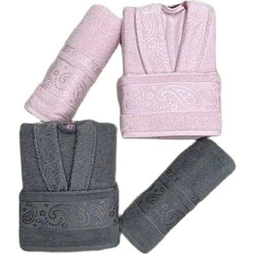 % Cotton Jacquard Fabric Women Men Gown Couple Set Male Female Flannel Bathrobe Set with 2 bath & hair towel 6 different color