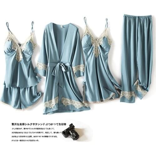 Sexy Female 5PCS Robe Set Sleepwear Casual Kimono Bathrobe Gown Nightgown Satin Nightwear Intimate Lingerie Bridal Wedding Gift