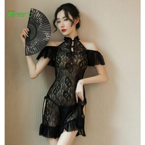Womens Sexy Lingerie Set Erotic Nightdress Lace Mesh See Through Cheongsam Dress Sexy Cosplay Babydoll Lingerie Exotic Apparel