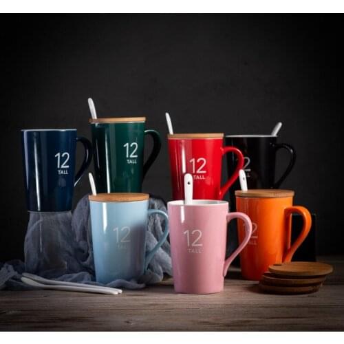 Creative Ceramic Cup Large Mug with Lid Spoon Simple Cup Set Coffee Mug Cup 8oz12oz16oz Number Milk Cup