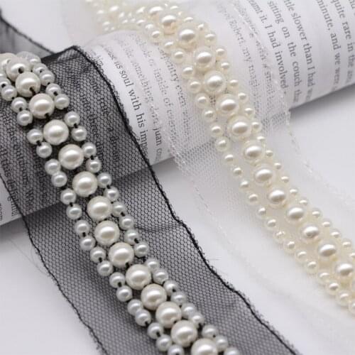 6Yards Pearl Beaded Lace Trim Collar Ribbons Black White Mesh Fabric African Lace Sewing Materials For Clothes Wedding Dress