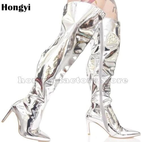 Fashion Mirror Leather Silvery Pointed Toe Thin High Heel Over The Knee Boots Women Inside Zipper Gladiator Thigh High Booty