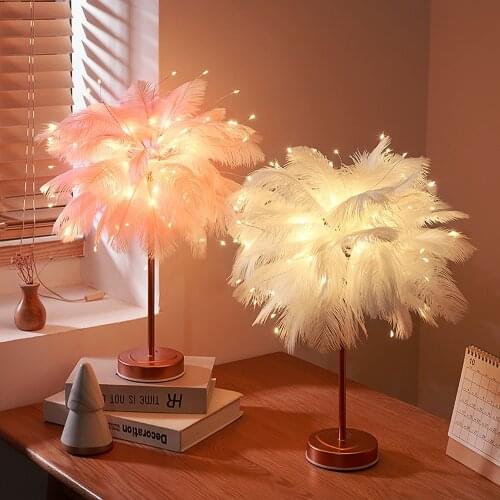 Remote Control Feather Table Lamp USB/AA Battery Power DIY Creative Desk Lamp Tree Feather Lampshade Night Light Bedroom Decor