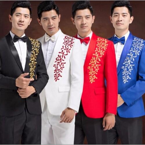 New ! Mens Embroidered Formal Dress Groom Married Suits Host Chorus Performance Banquet Clothing Photo Studio Singer Costumes