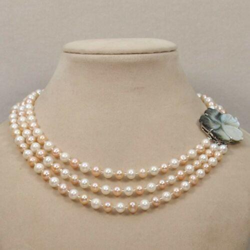 3 row 7-8mm natural genuine round freshwater white black pink pearl necklace 18"