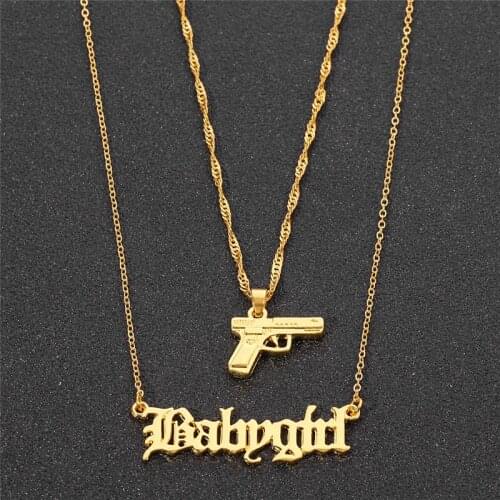 2 Pcs/Set Babygirl Letter Necklaces Pendant Gold Color Gun Pistol Choker Gifts Harajuku Alloy Hip Hop Women Aesthetic Jewelry