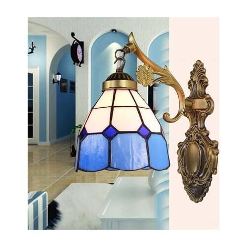 Mediterranean LIGHT wall lamp 1 e27 bulb,retro living room light,blue color stained glass iron lights,bedroom lamp