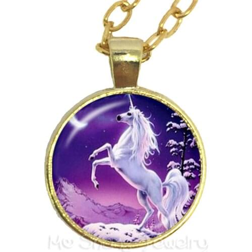 Glass Necklace Fashion Unicorn Art Pendant Glass Photo Cabochon Dome Jewelry Time Gem Sweater chain Gift For Horse Lover