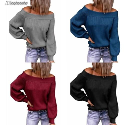 Sexy Off The Shoulder Sweaters Pullovers Tops Loose Lantern Sleeve Jumpers Autumn And Winter Warm Knitwear Female Clothes