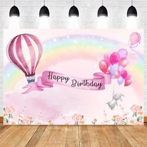 Pink Rainbow Hot Air Balloon Flower Newborn Baby Shower 1st Birthday Backdrop Vinyl Photography Background For Photo Studio Prop
