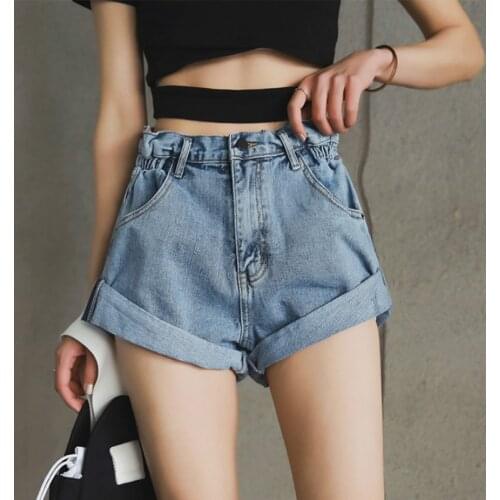 Vintage Elastic Waist Denim Shorts Women Womens White Blue Jean Shorts Khaki Wide Leg High Waist Womens Shorts Summer 2020