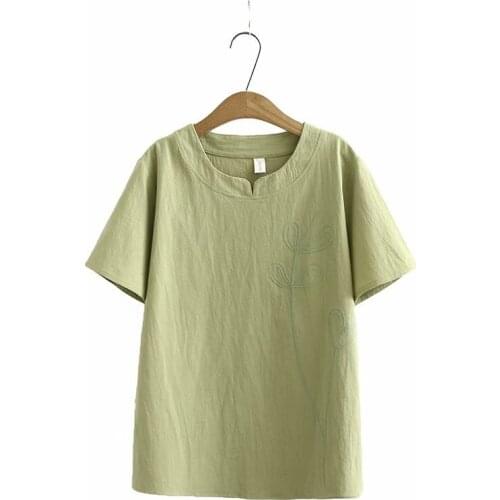 Plus Size XL-4XL Women Full Cotton Short Sleeve Embroidered Shirts Summer Tops Vintage T-shirts