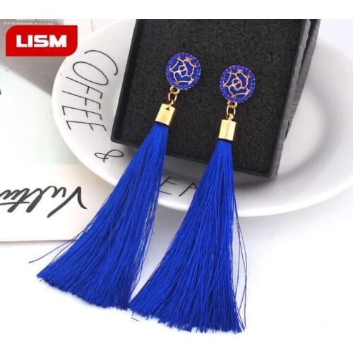 Bohemian Crystal Tassel Earrings Black White Blue Red Pink Silk Fabric Long Drop Dangle Tassel Earrings For Women Jewelry