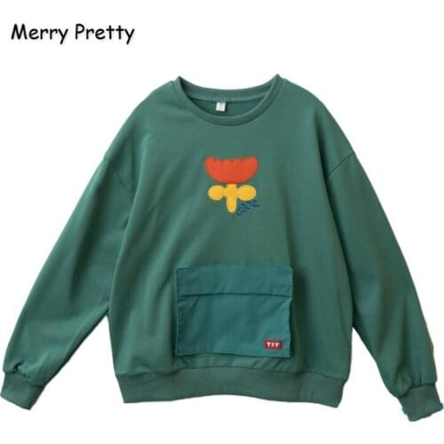 Merry Pretty Women’s Floral Embroidery Pockets Hoodies Sweatshirts 2020 Winter Warm Plus Velvet Long Sleeve O-Neck Pullovers