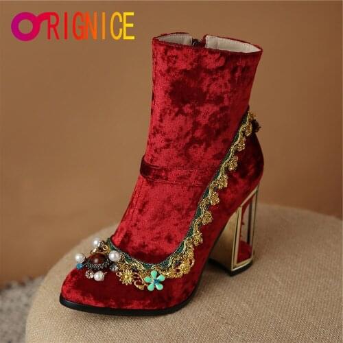 Orignice Fashion Woman Velvet Bird Cage Heel Ankle Boots Crystal Pearl Flower Zipper Custom Make Wedding Shoes Large Size 34-43