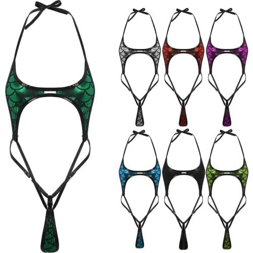 Womens One-piece Monokini Swimsuit Shiny Metallic Mermaid Fish Scale Printed Halter Neck Backless Micro Mini Bikini Lingerie