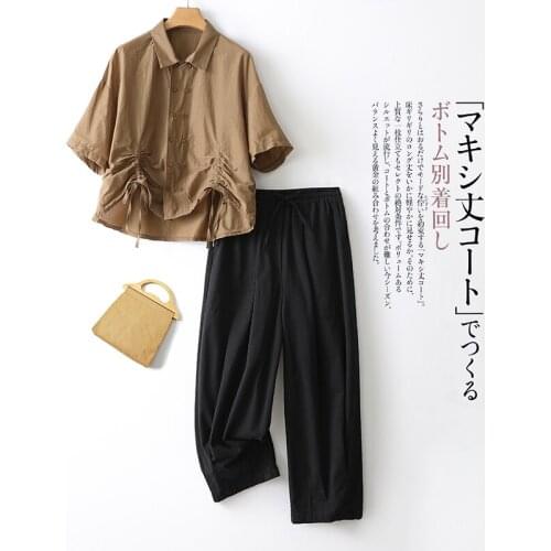Women Summer 2 Piece Sets Shirt and Pants Female Short Sleeve Double Breasted Tops Black Wide Leg Harem Pants Outfits 7255