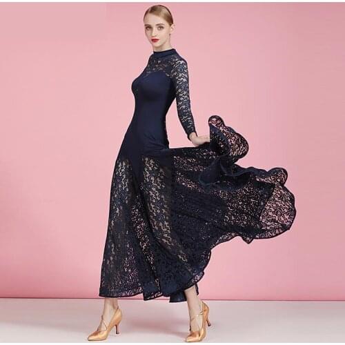 New 2020 Navy Blue Ballroom Dance Dresses Women Waltz Dress Sexy Mesh Standard Ballroom Dress Foxtrot Costumes Rumba Long Dress