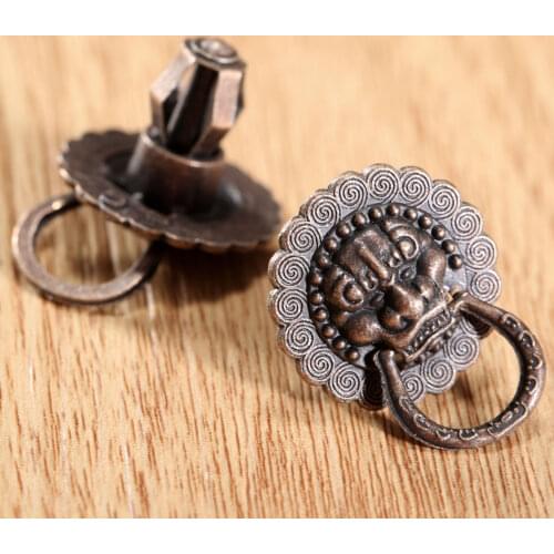 2Pcs Vintage Lion Head Metal Furniture Door Knob Ring Cabinet Dresser Drawer Pull Handle Antique Brass Cabinet Knobs and Handles