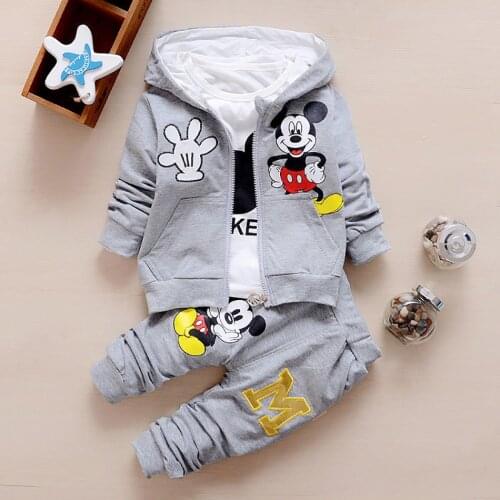 Disney 3pcs/set Baby Boy Girl Clothes Cartoon Mickey Mouse Hooded Coat+T Shirt+Pant Kids Sport Tracksuit For Children Clothing