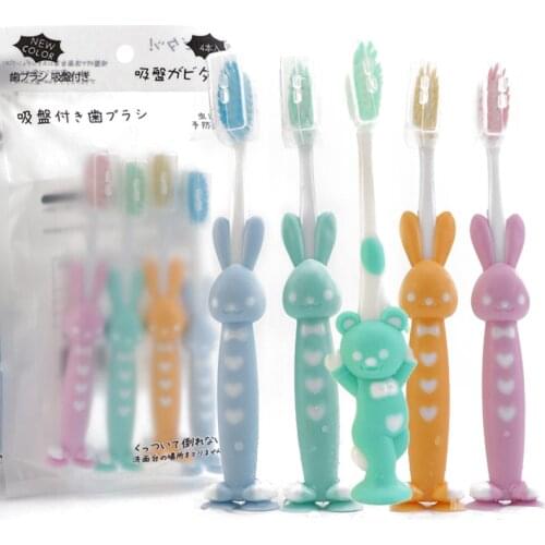 4Pcs/Set Baby Cartoon Silicone Toothbrush Cute Bunny/Bear Shape Soft Fur Brush With Suction Seat Dental Health Tooth Brushes