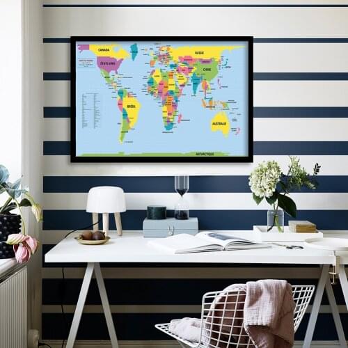 84*59cm World Map with Political Distribution In French Non-woven Canvas Painting Wall Art Pictures Modern Posters and Prints