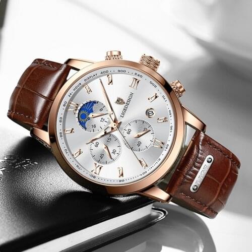 LIGE Design Men Watch Top Brand Luxury Clock Casual Mens Watches Leather Moon Phase Mens Quartz Watch Relogio Masculino+Box