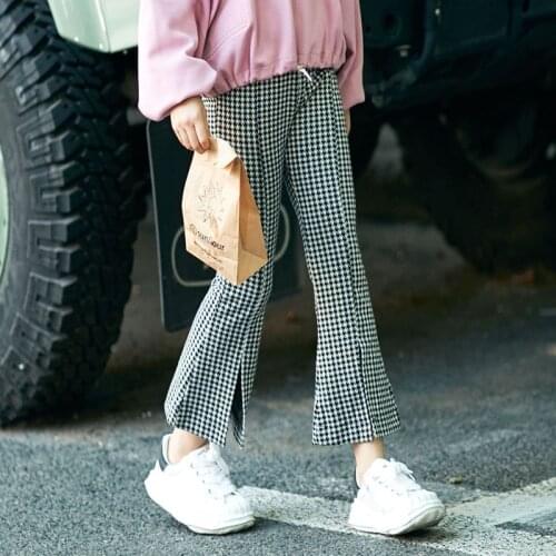 Childrens Autumn Girls 2021 New Style Western-style Girls Bell Pants Kids' Casual Sports Pants Black Plaid Flared Pants