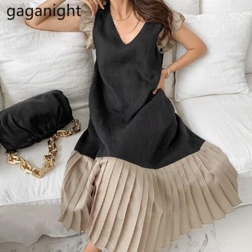 Gaganight Loose Women Ruffles Dress Sleeveless Patchwork Office Lady Chic Korean Fashion Dresses Pleated Fashion Vestidos A Line