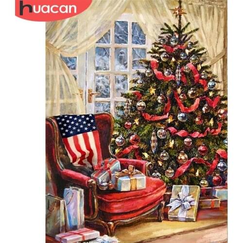 HUACAN Full Square/Round Drill Diamond Painting Christmas Tree DIY 5d Diamond Embroidery House Handicraft Home Decor