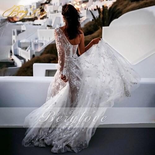 Berylove One shoulder Sleeve Illusion Lace Applique Wedding Dresses A Line Side Slit Lining Wedding Gown Sexy Bridal Dresses