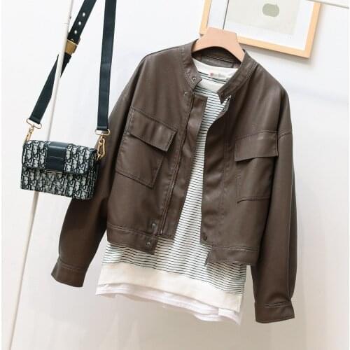 Spring Pu Leather Jacket Women Fashion Casual Cool Motorcycle Clothes Loose Streetwear Popular Pocket Female Zip Short Coat