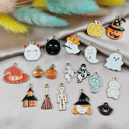 10pcs/40pcs pack Enamel Halloween Series Metal Broom Charms Demon Magic Hat Mummy Ghost Earrings Pendants Fit DIY Jewelry Making