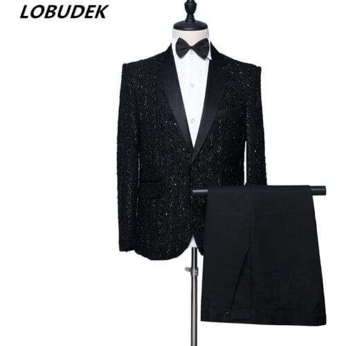Men 2-Piece Set Black Shiny Silk Stripe Suits Stage Costume Wedding Groom Banquet Evening Party Tuxedo Suit Singer Host Costumes