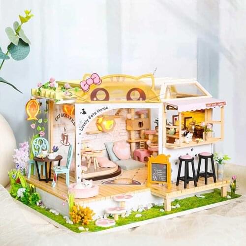 DIY Wooden Dollhouse Kits Miniature With Furniture Cute Cats Coffee Garden Casa Dollhouse Assembled Toys for Girls Xmas Gifts