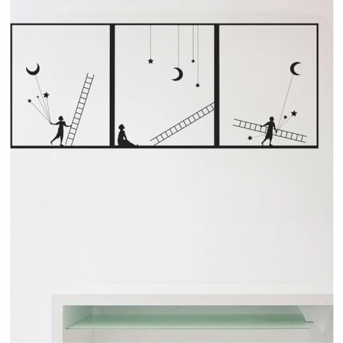 Boy Ladder Wall Stickers Moon Stars Decal Interesting Boys Bedroom Wall Decoration Art Sticker Kids Room Decor Removable Mural